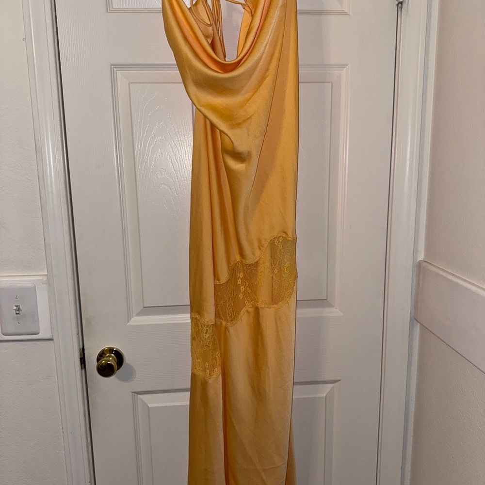 Meshki Golden Satin Dress with Lace Accents
